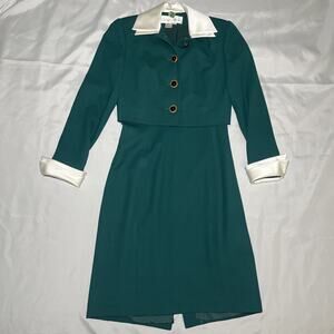 Vintage Richard Warren Sheath Dress w/ Blazer Sz 6 Green White 100% Wool Career